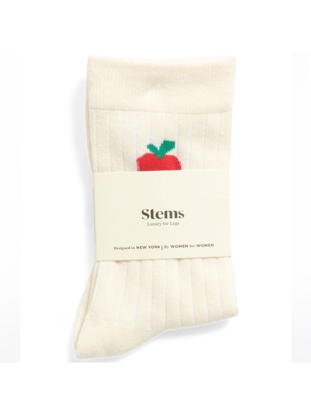 Stems 1 Pair Ivory Red Green Apple Print Cotton Blend Stretch Knit Crew Socks